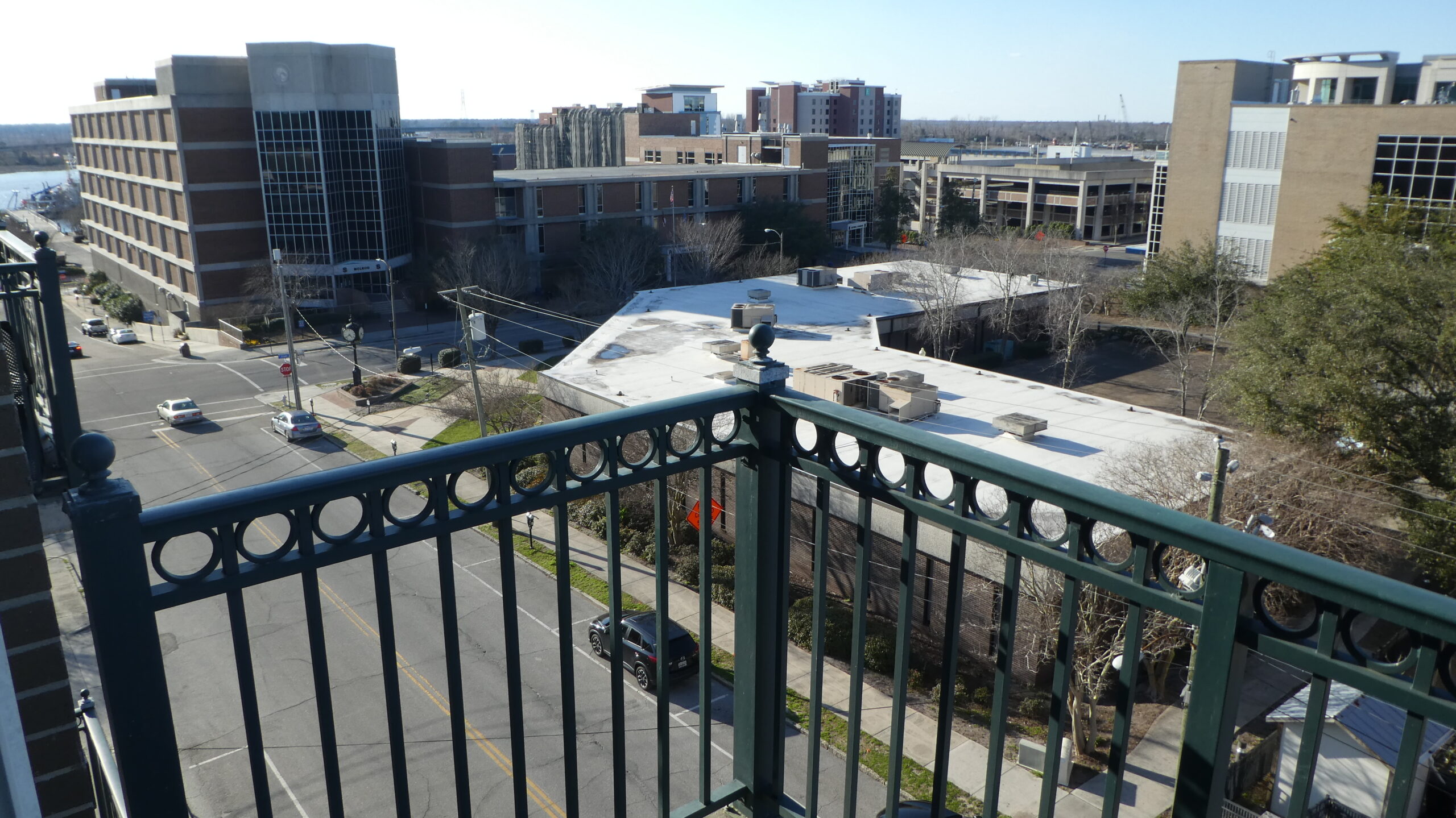 Photo shows the view northwest from a balcony at Bannerman Station
